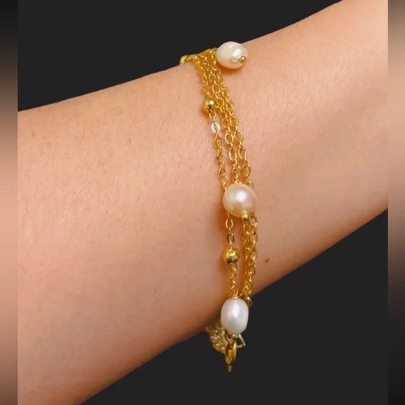 18K Yellow Gold Plated Beaded Chain And Freshwater Pearl Triple Chain Bracelet - Picture 3 of 3